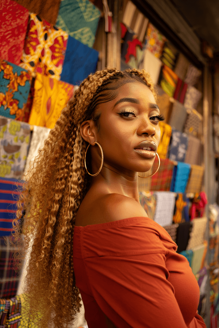 A woman in a bold African print dress